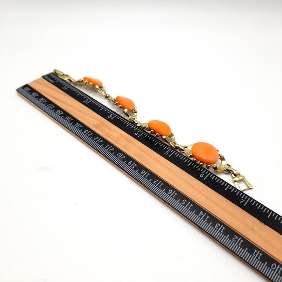 Vintage Orange Moonglow Bracelet, Gold Tone, 7", 1950s - Picture 5 of 10